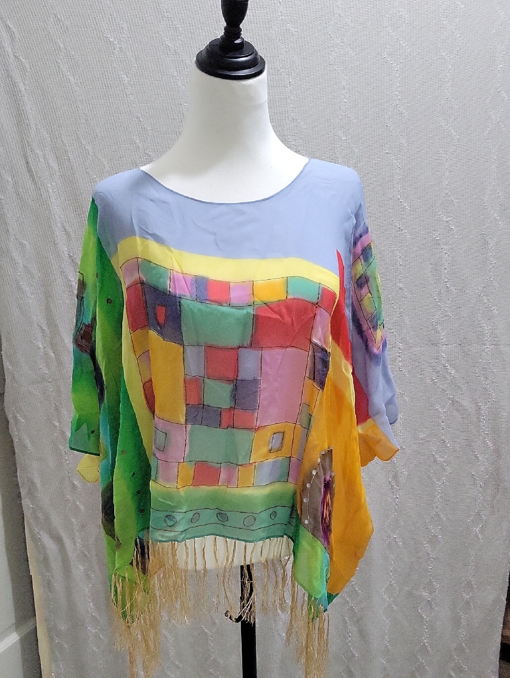 Chico's Sheer Abstract Art-to-Wear Silky Fringe Trim Poncho Top, OS